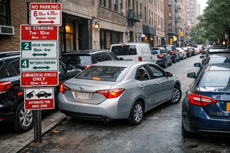 Parallel parking challenge on a narrow New York City street with layered parking signs