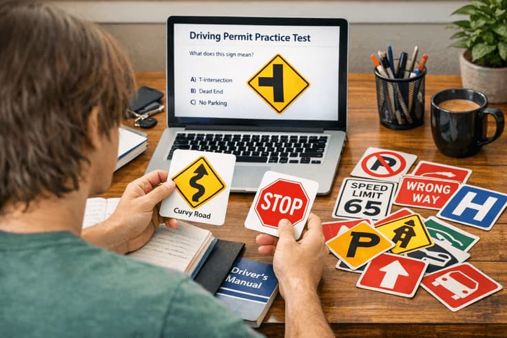 Student preparing for the Ohio BMV road signs test with study materials