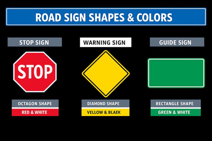 Ohio driving signs grouped by type: regulatory signs, warning signs, and guide signs with shapes and colors