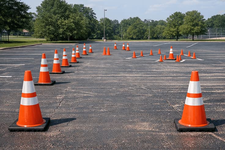 Ohio maneuverability test cone layout in a BMV parking lot