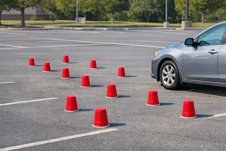 Ohio maneuverability test tips practice setup using cups as cones in a parking lot