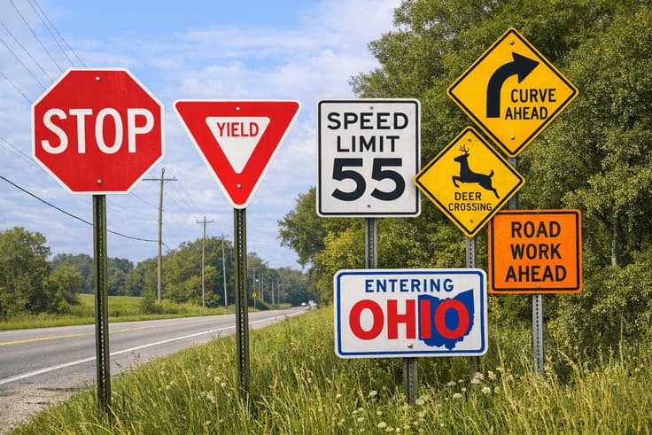 Ohio road signs practice test study guide featuring common regulatory and warning signs