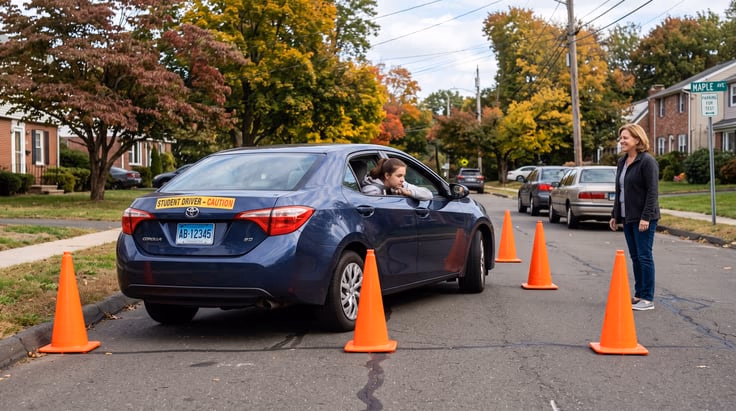 Student driver practicing parallel parking for the Connecticut DMV road test