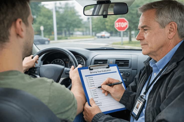 Examiner evaluating a driver on questions on road test day Illinois behind the wheel exam