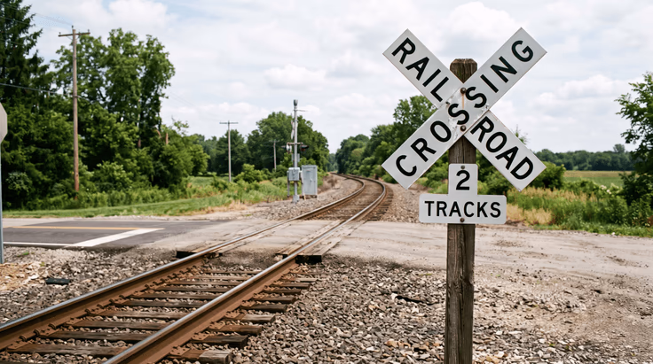 Railroad crossing crossbuck sign next to train tracks