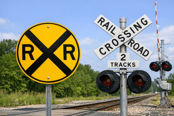 Railroad crossing signs tested on Ohio BMV road signs exam including advance warning and crossbuck