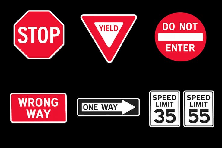 Regulatory signs for Ohio road signs test including stop, yield, do not enter, and speed limit signs