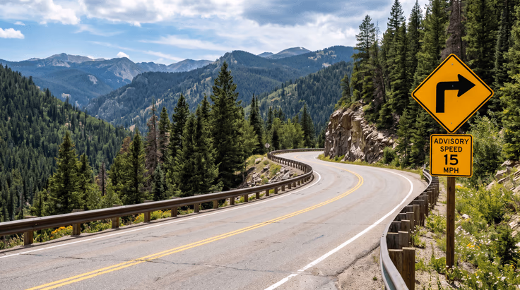 Right turn sign on a mountain road before a sharp bend