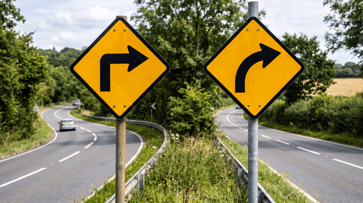Right turn sign versus curve sign showing arrow angle difference