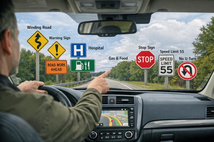 Practicing Ohio road sign recognition while riding as a passenger to prepare for the road signs test Ohio administers