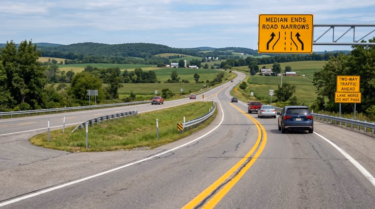 Divided highway ends road sign at rural highway median ending