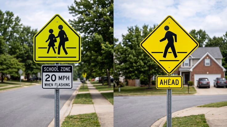 School zone sign versus pedestrian crossing sign: five-sided school crossing sign and yellow diamond pedestrian sign