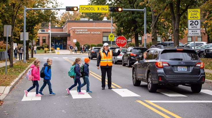 Driver yielding to children and crossing guard in school zone road sign rules