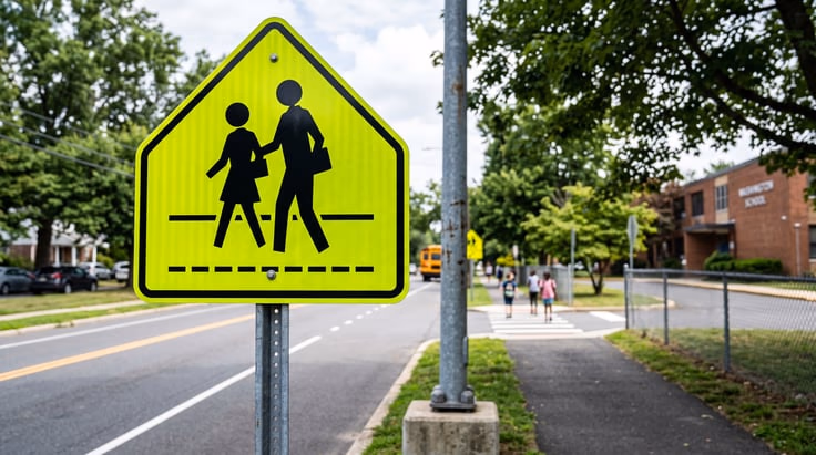 School zone sign meaning: five-sided fluorescent yellow-green school warning sign with two children walking
