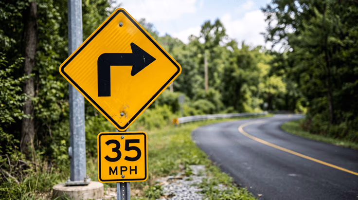 Sharp right turn sign with advisory speed plaque below the diamond