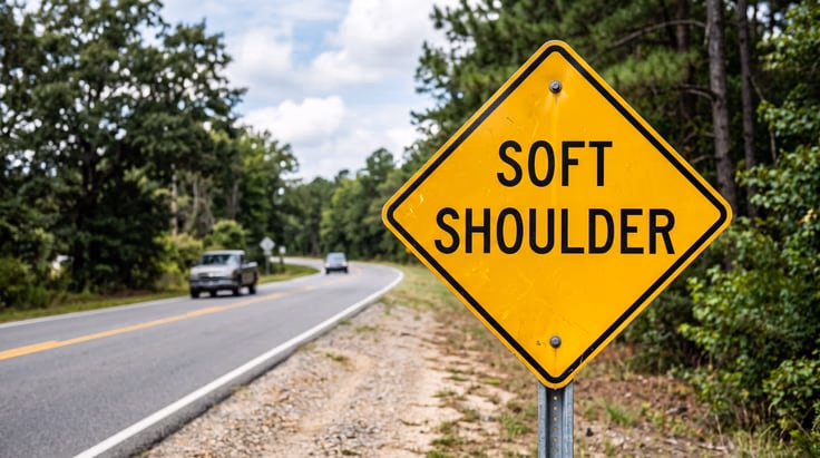Soft shoulder road sign reading SOFT SHOULDER in black letters