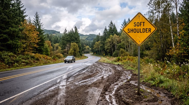 Soft shoulder warning sign on a rural highway after rain