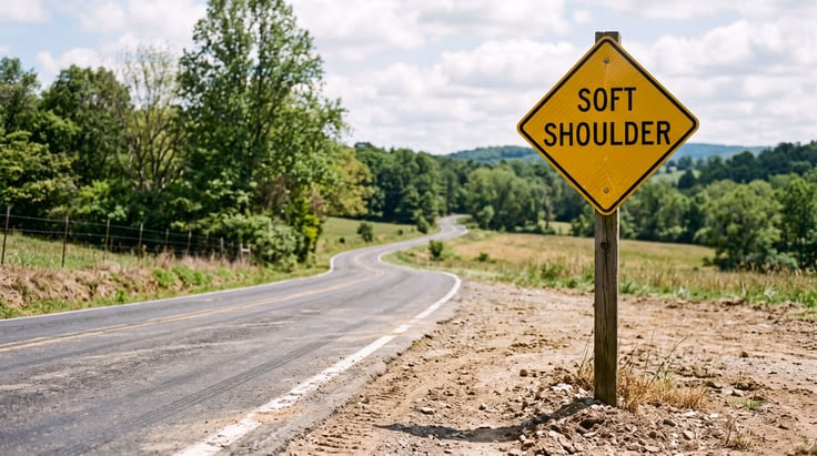 Soft shoulder sign on a rural highway where dirt edge is loose