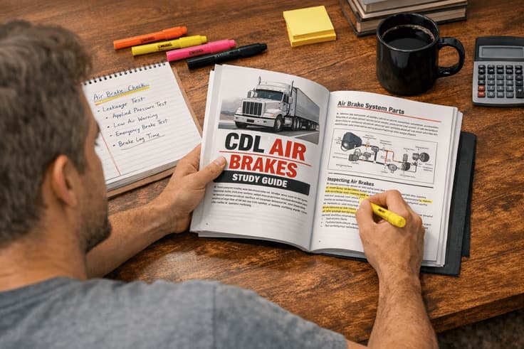 Driver studying for the dmv ny cdl permit test air brakes section with study materials