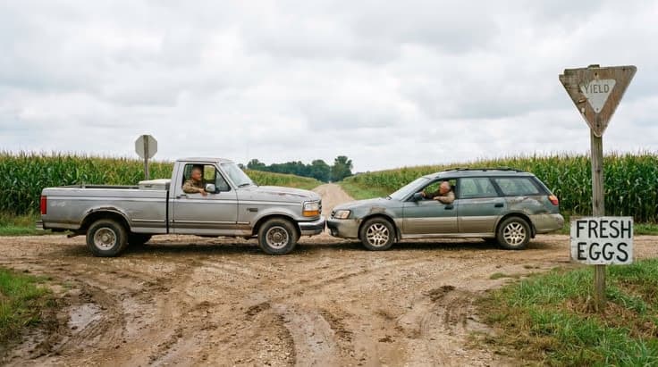 Uncontrolled Arkansas rural intersection: right-of-way rule requires yielding to the vehicle on the right, a common DMV practice test scenario