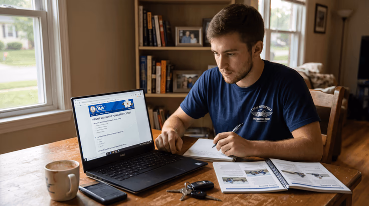 VA motorcycle permit practice test on laptop with Virginia motorcycle operator manual