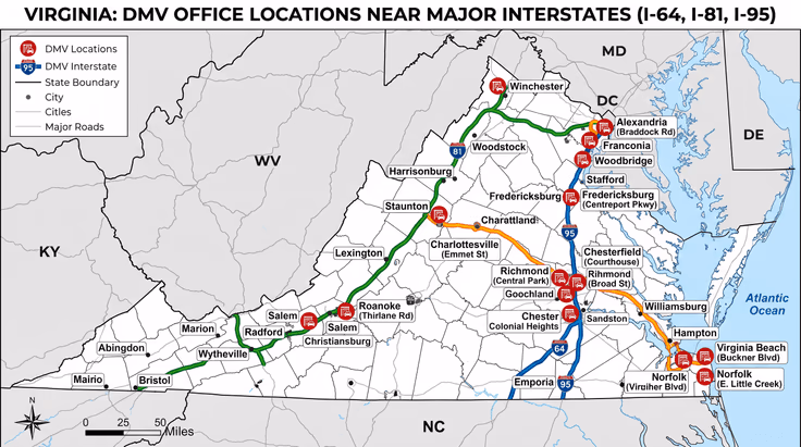 Map of Virginia DMV driving test appointment locations near major interstates