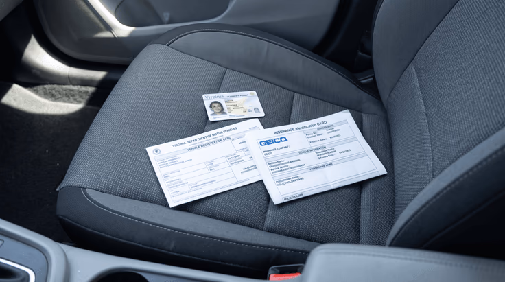 Documents needed for Virginia DMV driving test requirements: learner's permit, vehicle registration and insurance