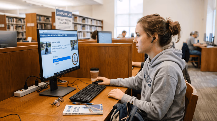 Virginia DMV motorcycle practice test on computer screen