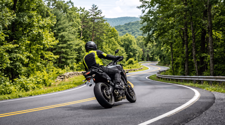 Motorcycle rider practicing lane position for Virginia motorcycle knowledge test