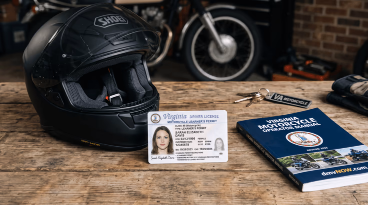 Virginia motorcycle learner's permit with helmet and operator manual