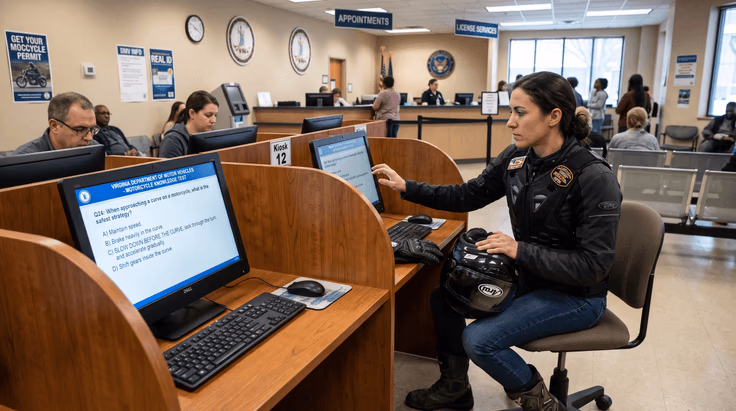 Virginia motorcycle permit test on a DMV computer screen