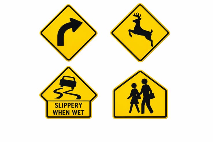 Warning signs commonly tested on Ohio road signs practice test including curve, deer crossing, and school zone signs