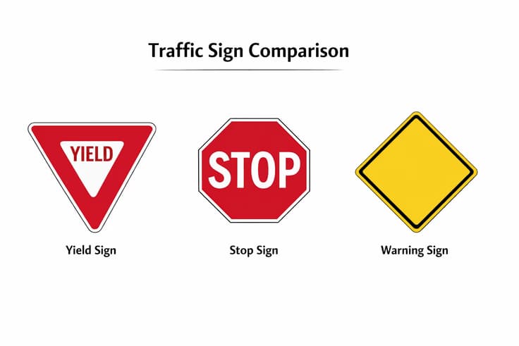 What does a yield sign look like compared to a stop sign and warning sign showing different shapes and colors