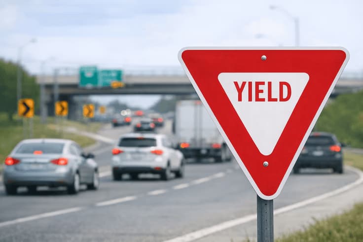 Yield sign on a US road showing its distinctive inverted triangle shape with red border and white background