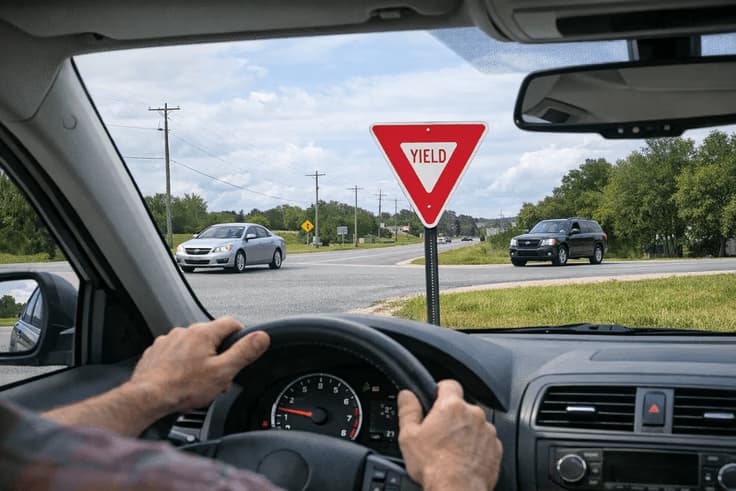 Car slowing down at a yield sign road intersection while checking for cross traffic and pedestrians