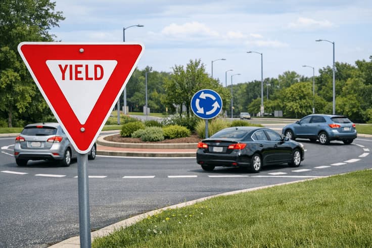 Yield sign road placement at a roundabout entry where circulating traffic has right of way