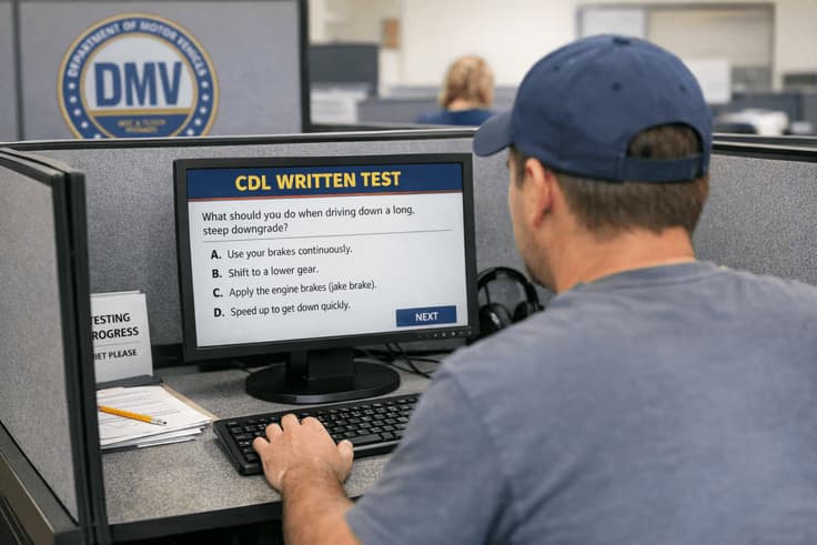 Driver taking the CDL permit test NY at a DMV computer—New York CDL Practice Test readiness