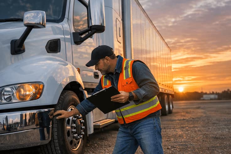 Driver doing a CDL Pre-Trip Inspection walkaround as part of a CDL pre trip inspection checklist