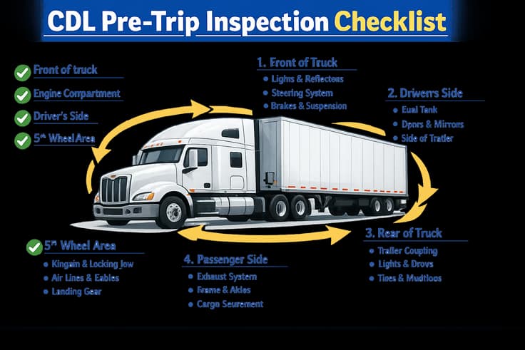 CDL pre trip inspection checklist showing a step-by-step route from front to back and in-cab