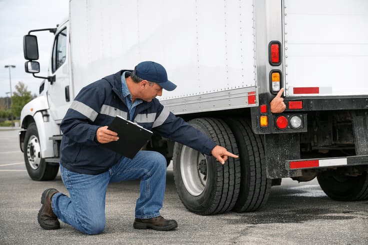 CDL pre trip inspection Class B on a straight truck focusing on tires, lights, and brakes