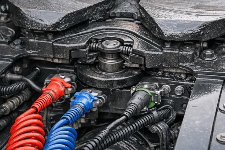 Coupling system inspection for CDL Pre-Trip Inspection: fifth wheel lock, air and electrical lines secure