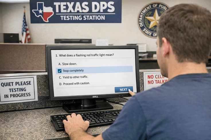 Applicant taking the Texas written driving test (knowledge test) on a computer at a DPS driver license office
