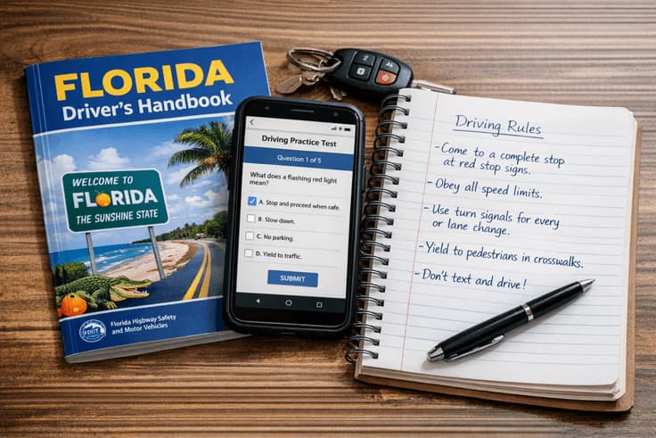 Florida DMV drivers handbook study setup with florida drivers license practice test and florida permit test practice notes