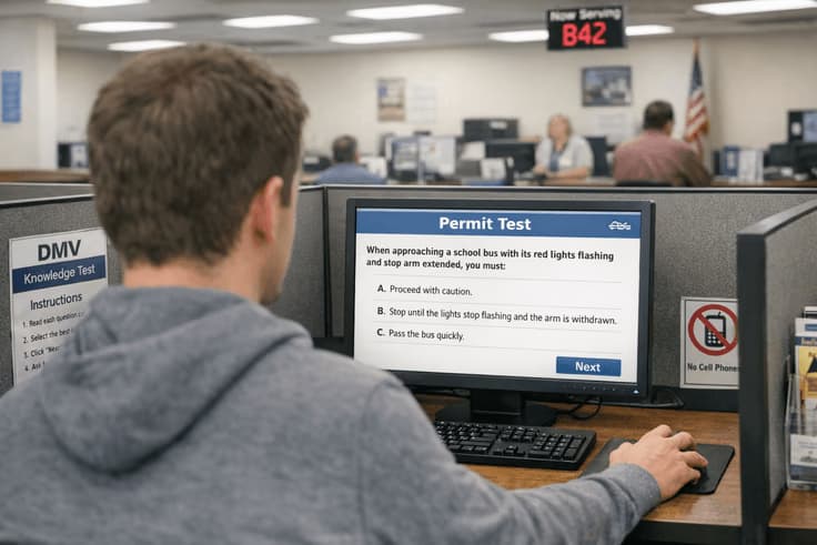 Taking the Florida permit test on a computer at DHSMV or an approved provider