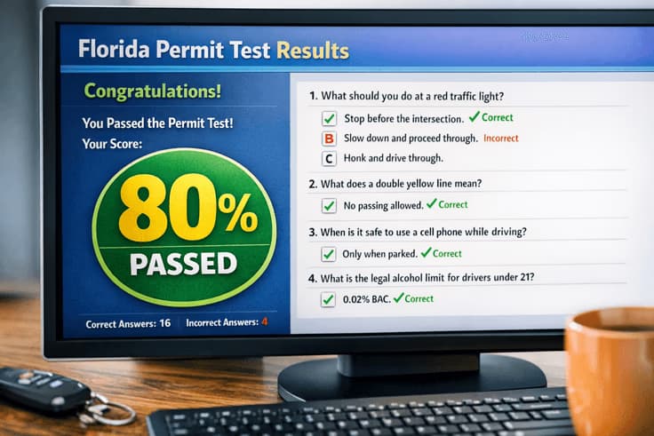Florida permit test passing score 80% with 50 questions and 40 correct to pass