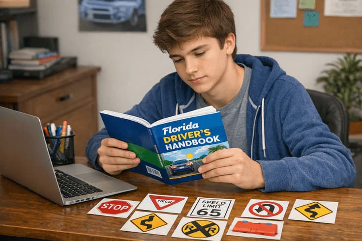 Student preparing for the Florida permit test using the Florida DMV drivers handbook and florida permit test practice