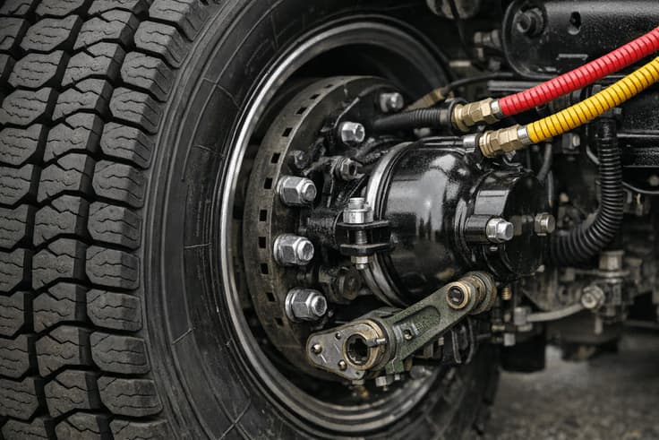 Tires, wheels, and brakes check for CDL Pre-Trip Inspection test including lug nuts and air lines