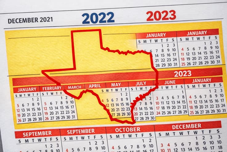 Calendar highlighting 2 years to show how long is your written driving test valid in Texas