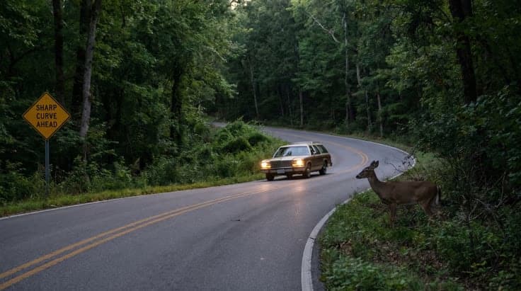Car navigating a blind curve with potential deer hazard, important for Arkansas permit test practice test