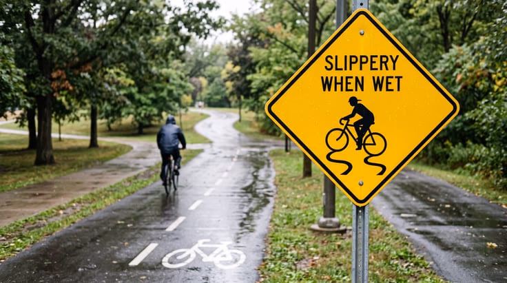 Bicycle slippery when wet sign meaning for bike lanes and paths